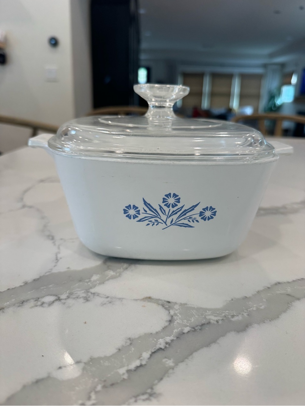 Corningware White Covered Casserole with Blue Floral Motif